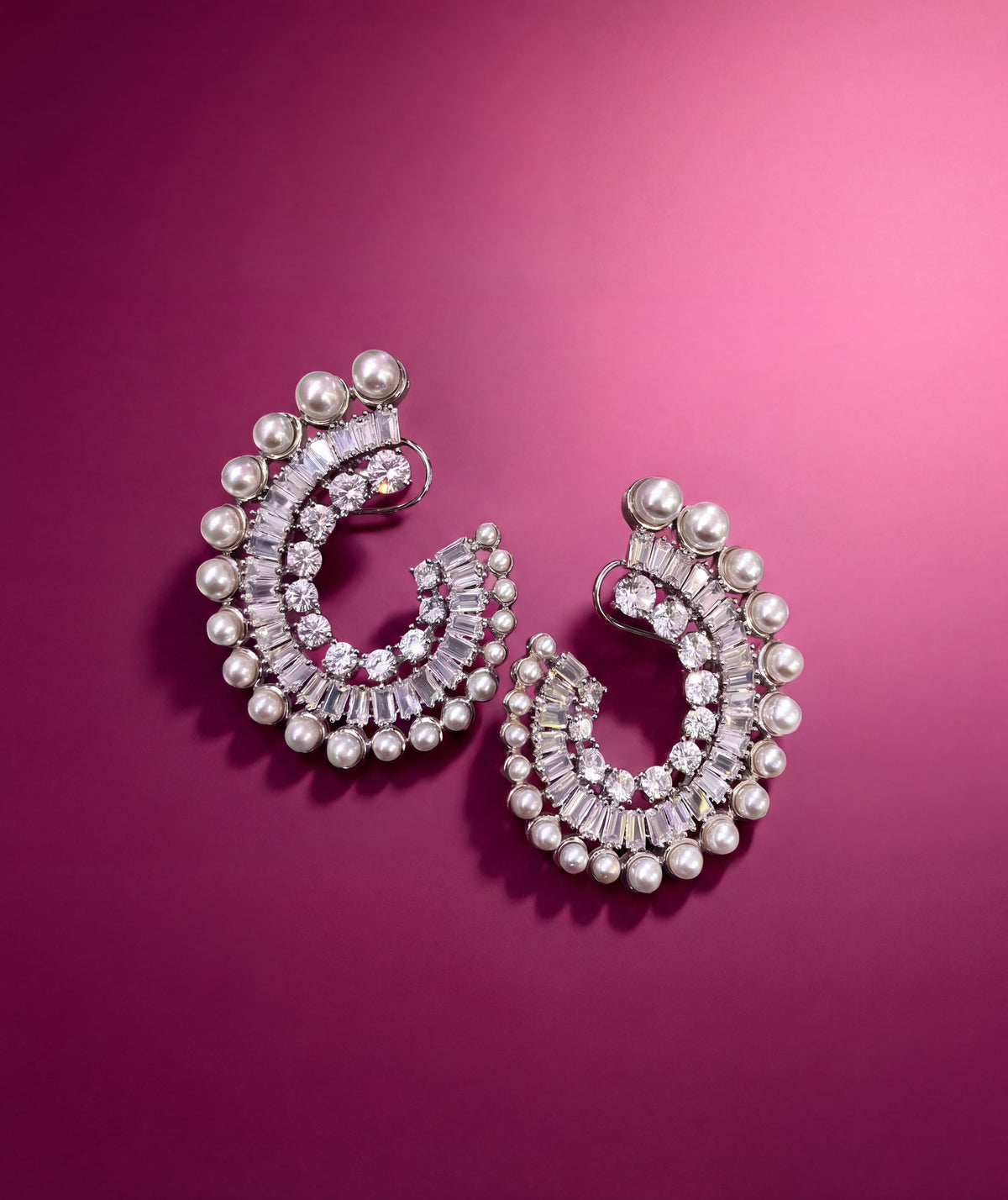 Premium Baguette & Pearl Crescent Earrings