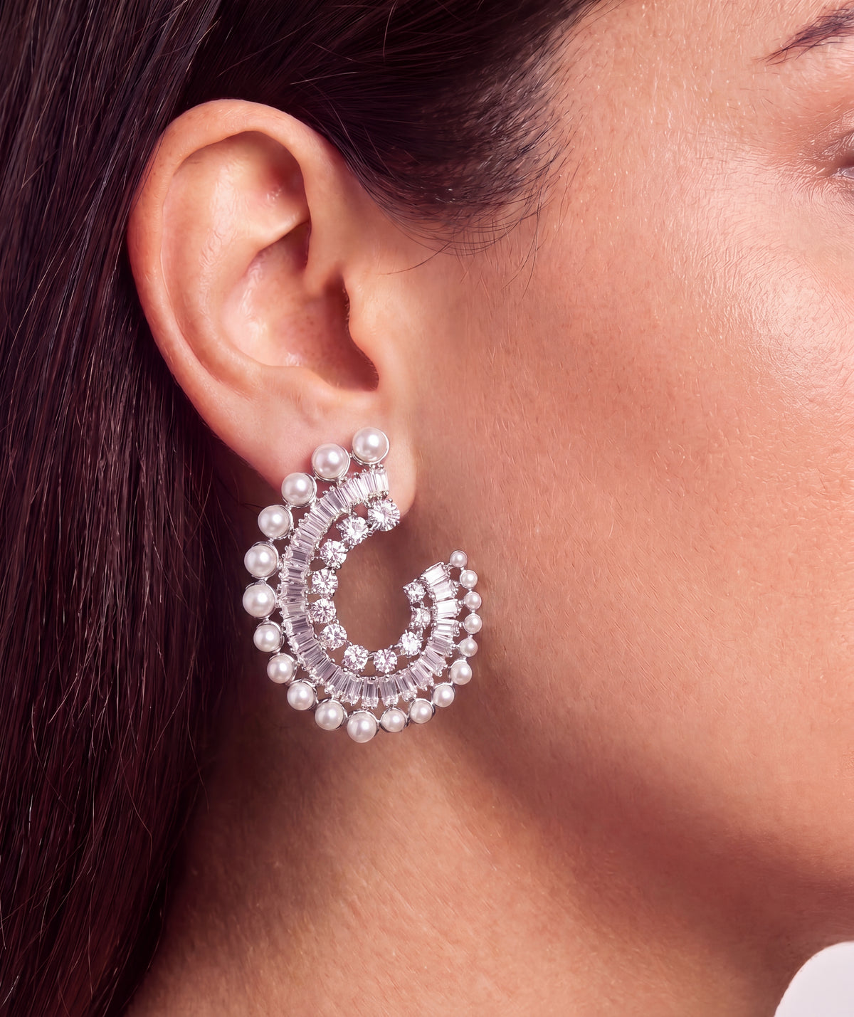 Premium Baguette & Pearl Crescent Earrings