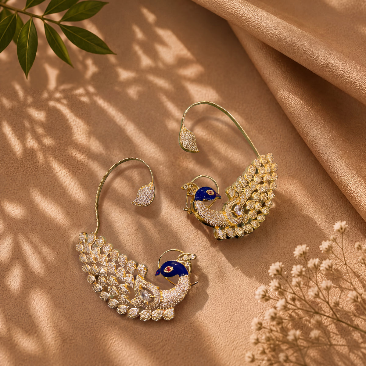 Peacock Motif Gold-Plated Ear Cuffs