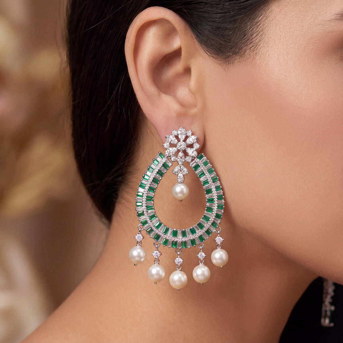 Emerald Pearl Drop American Diamond Earrings