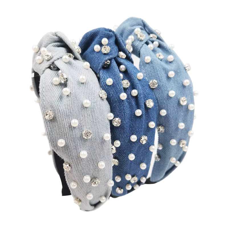 Embellished Denim Knotted Headband – Pearl & Rhinestone Studded