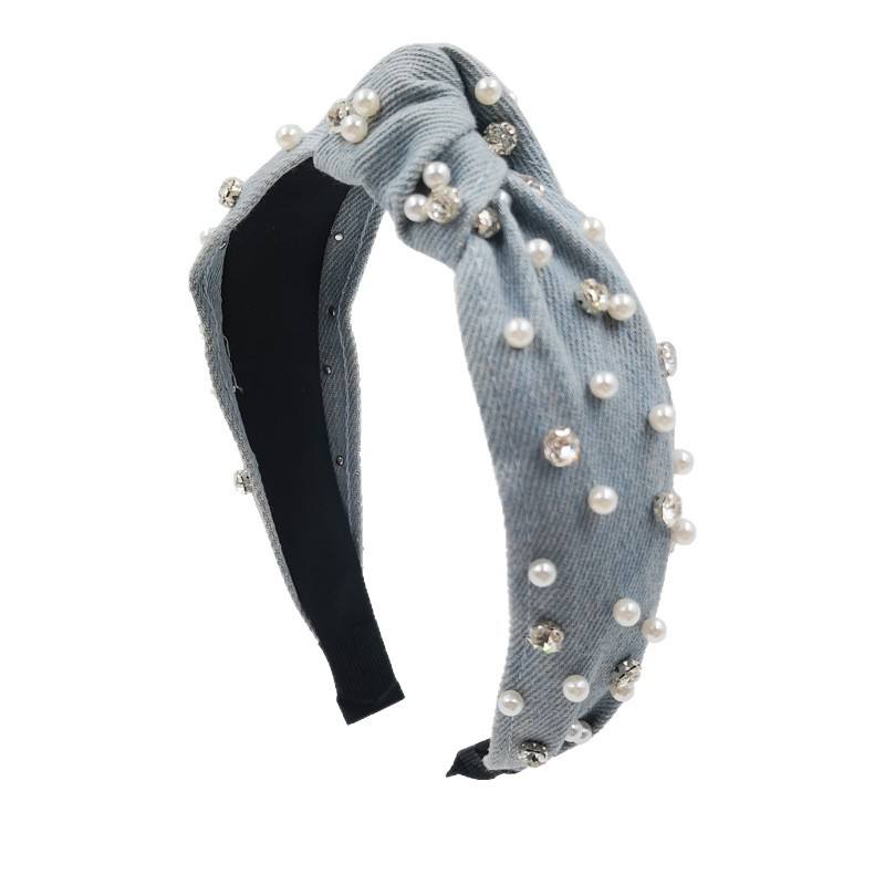 Embellished Denim Knotted Headband – Pearl & Rhinestone Studded