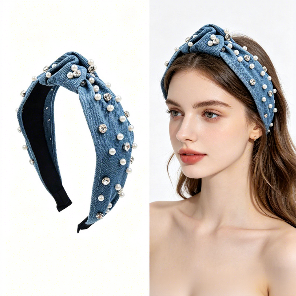 Embellished Denim Knotted Headband – Pearl & Rhinestone Studded